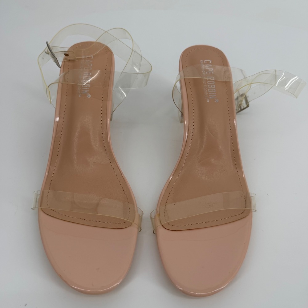 Cape Robbin Wisdom Sandals Womens 9 Nude Clear Block Heel PVC Straps SQI8232